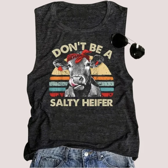 Don't Be A Salty Heifer Dark Graphic Cow Tank Top Cotton Blend - Picture 7 of 7